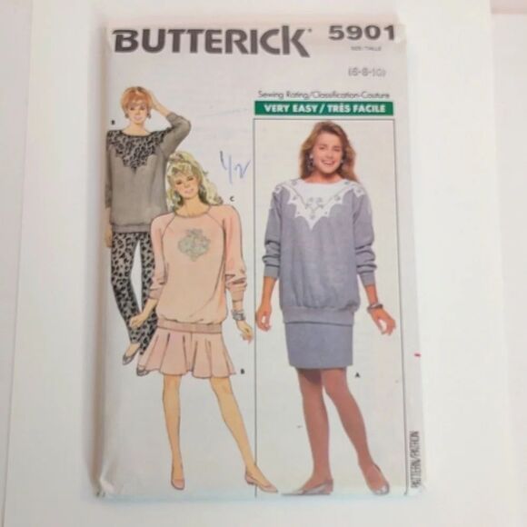 Vintage 80s Butterick Pattern 5901 Uncut Sweatshirt Skirt Pants 6 8 10 - Picture 1 of 9